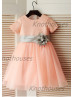 Short Sleeves Blush Pink Sequin Tulle Knee Length Flower Girl Dress 